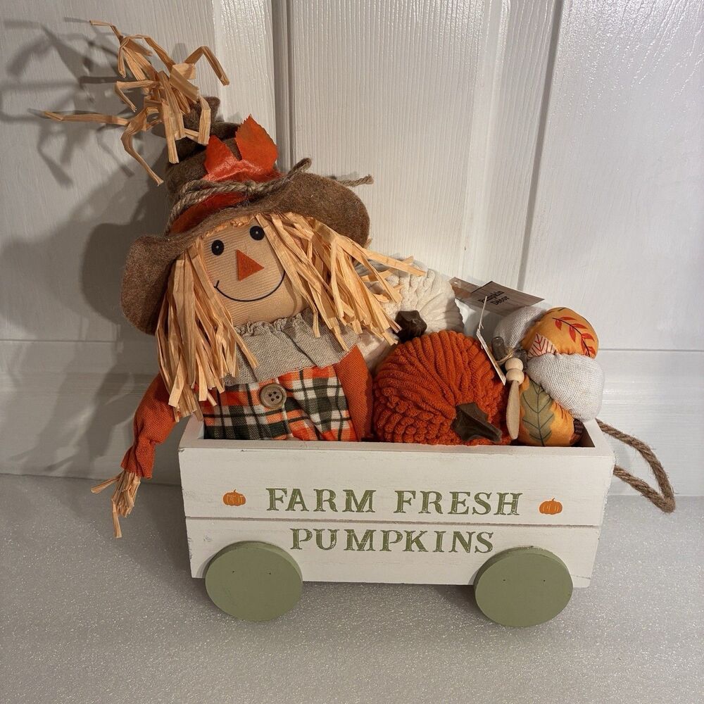 Fall Wood Wagon, Scarecrow And Pumpkins Set. Wagon On Wheels Fill W/ Fall Decor